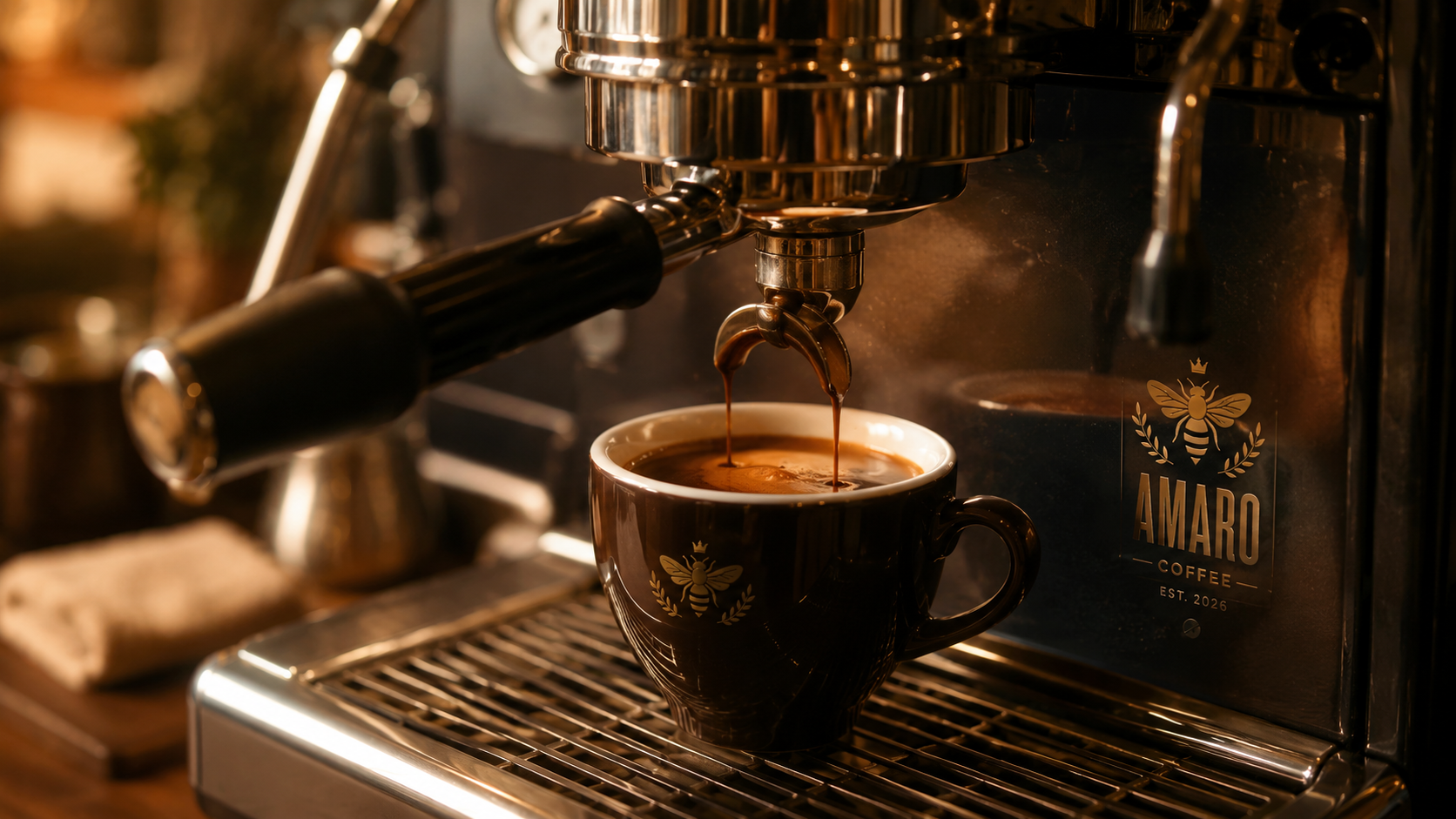 Amaro Coffee espresso pour — a fresh shot streaming from the portafilter into a dark crowned-bee porcelain cup, with the gold AMARO COFFEE seal etched on the espresso machine