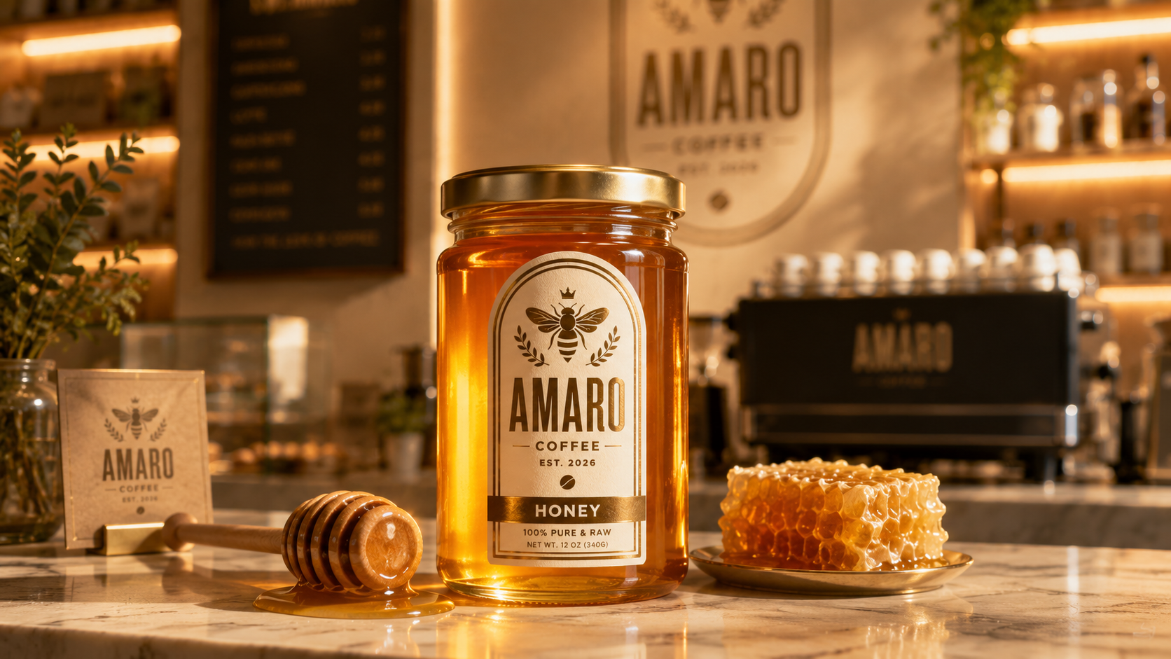 Amaro Honey — 12 oz pure & raw, displayed in the café
