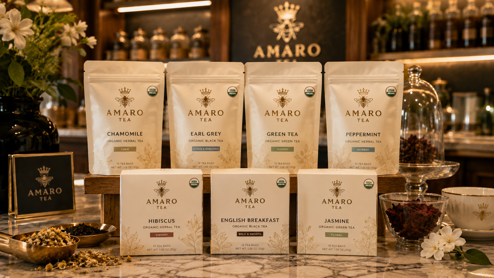 Amaro Tea — organic tea program: chamomile, earl grey, green tea, peppermint, hibiscus, english breakfast, jasmine